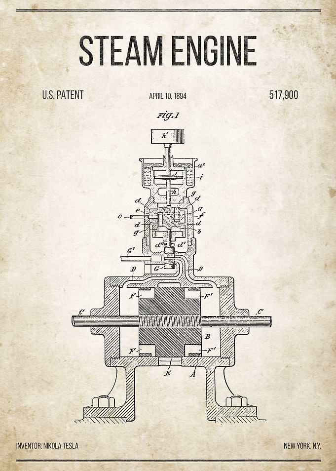 Steam Engine U.S. Patent #517,900 on old paper.