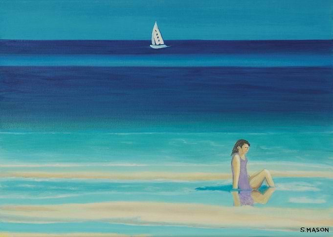 On the beach.Girl cooling herself in the sea,