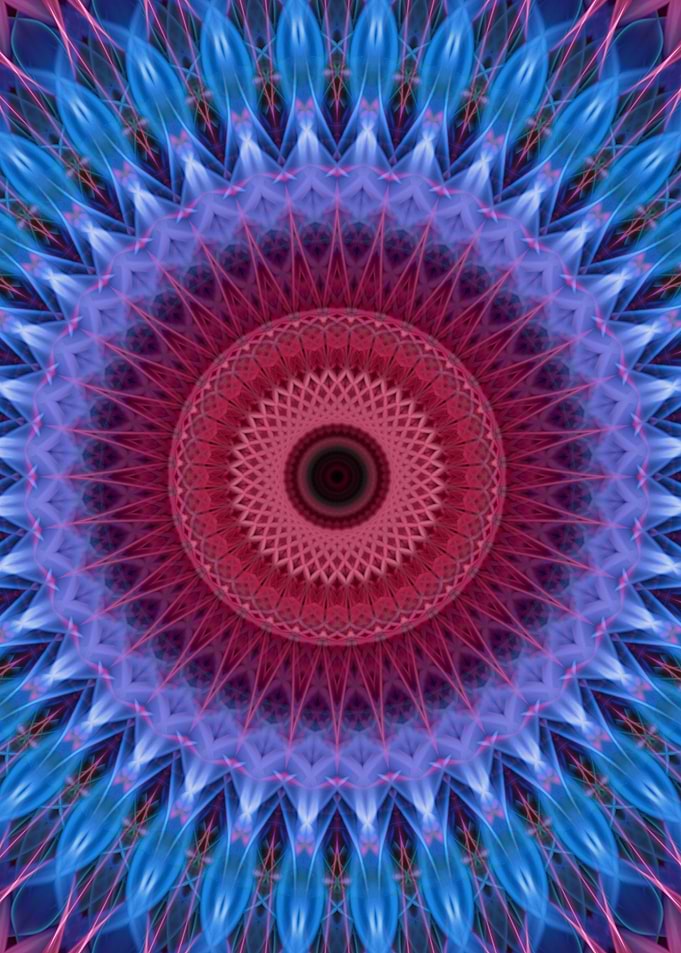 Mandala in blue, pink and red