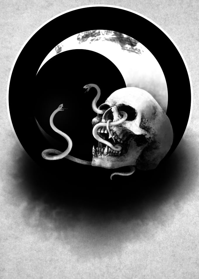Snakes and skull. Macabre
