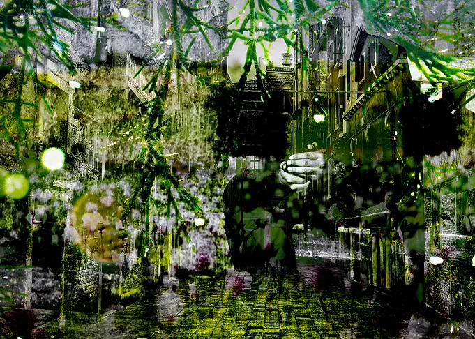 Beautiful street scene featuring a figure and green ove ...