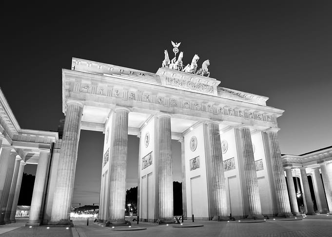 Brandenburg Gate in Berlin. Beautiful black and white n ...