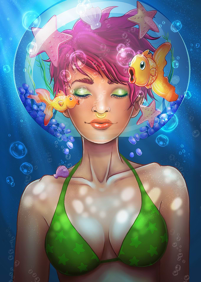 A wannabe mermaid in a glass bowl. Swimming with fish a ...