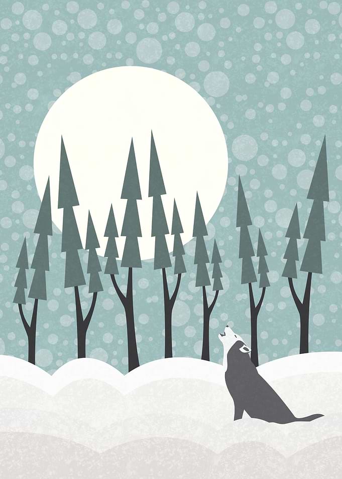 A wolf howling at the moon in cold winter.
