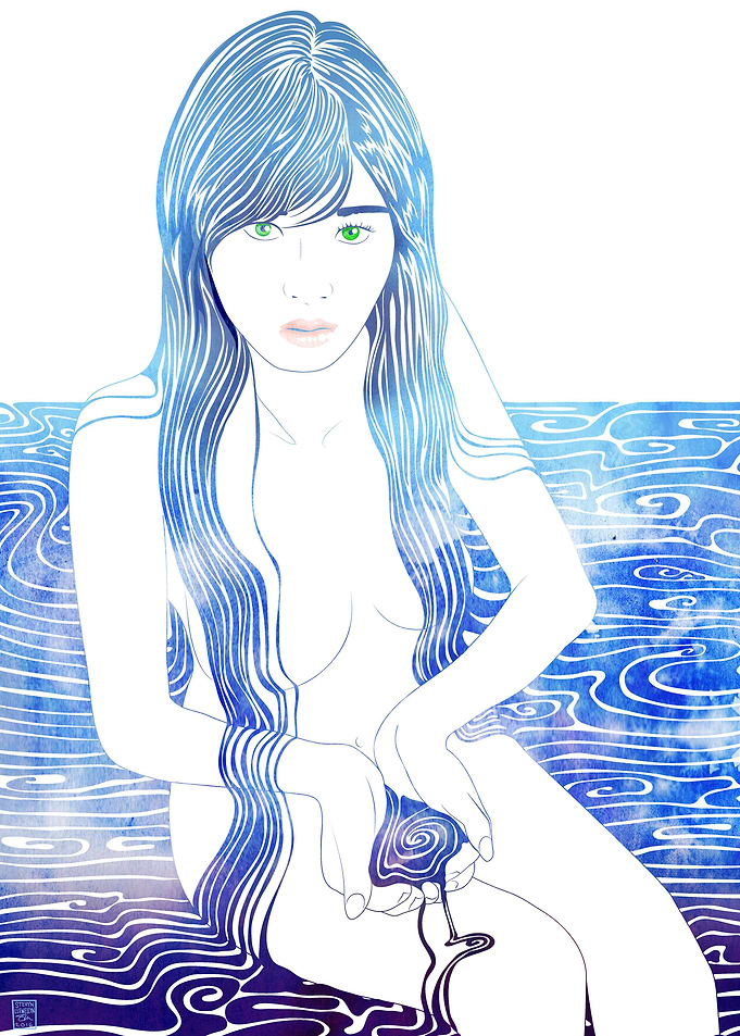A mythological sea nymph rendered in smooth lines and w ...