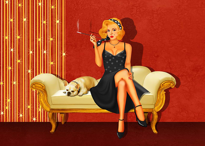 Elegant pin up girl in retro syle on sofa with dog in b ...