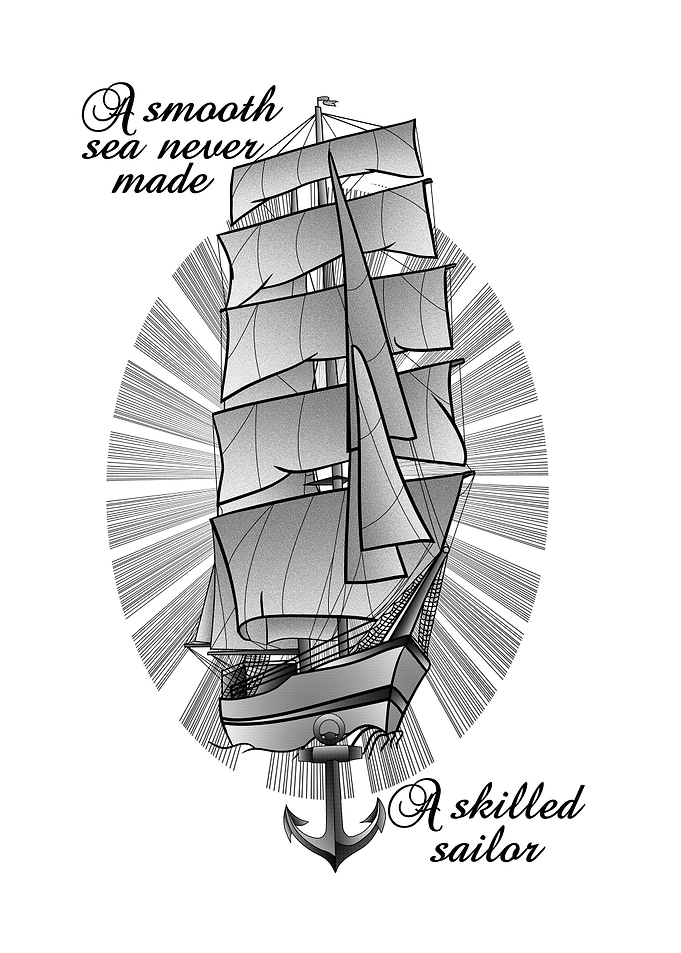 A grey scale illustration of a vintage schooner. The te ...