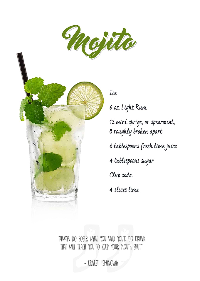 Cocktail - Mojito with the ingredient list and a quote. ...