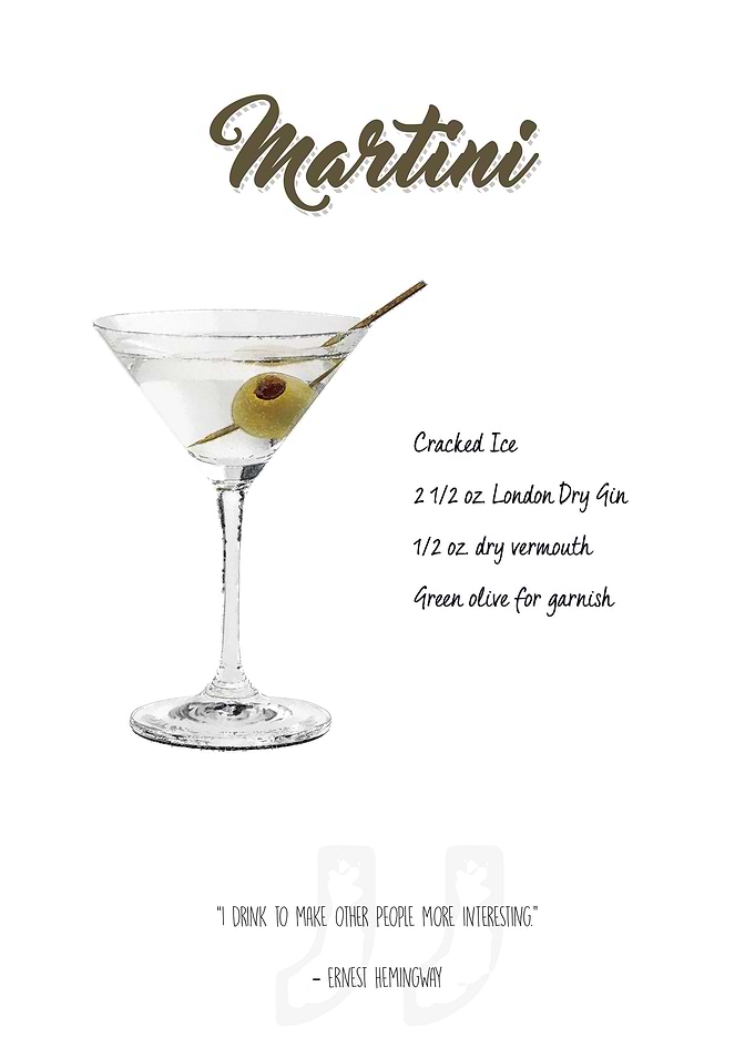 Cocktail - Martini with the ingredient list and a quote ...