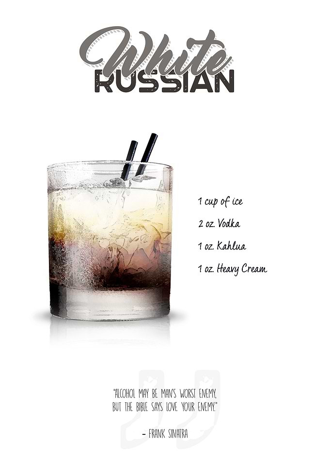 Cocktail - White Russian with the ingredient list and a ...