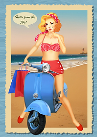 Sexy pin-up girl in retro style of the 50s on a Vespa s ...