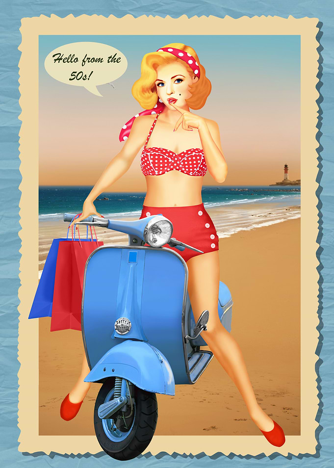 Sexy pin-up girl in retro style of the 50s on a Vespa s ...