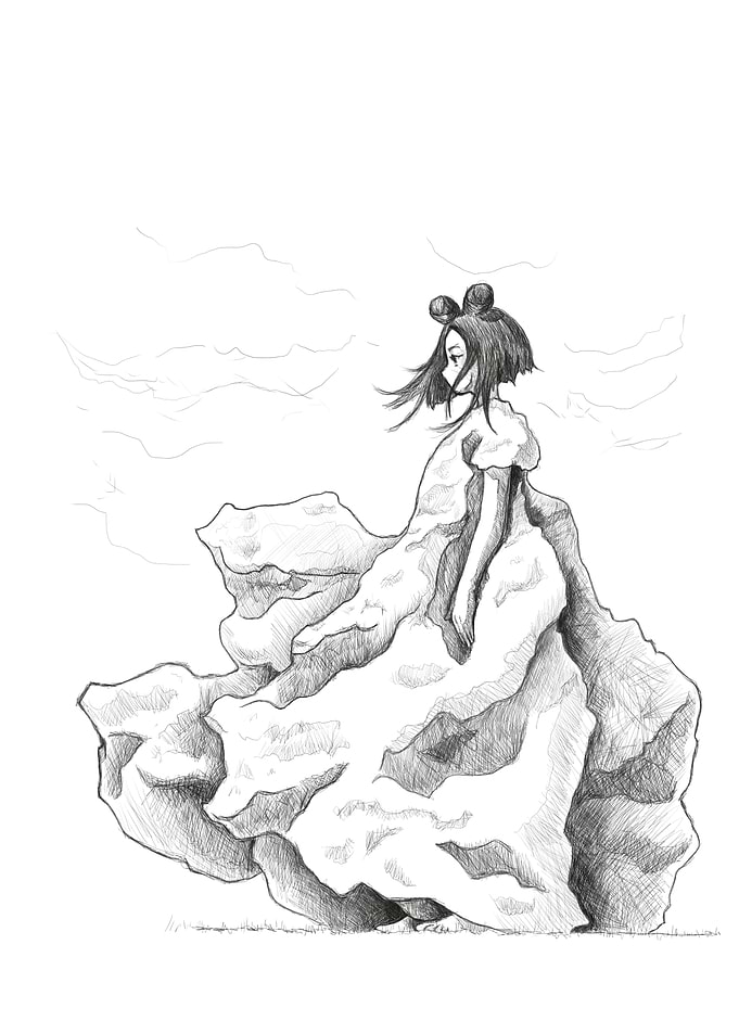girl wearing a dress made of clouds