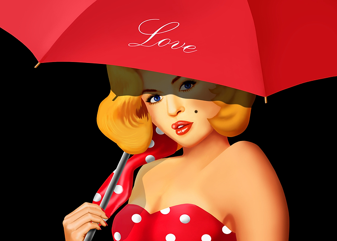 Sexy pin-up girl under a red umbrella. Retro style of t ...