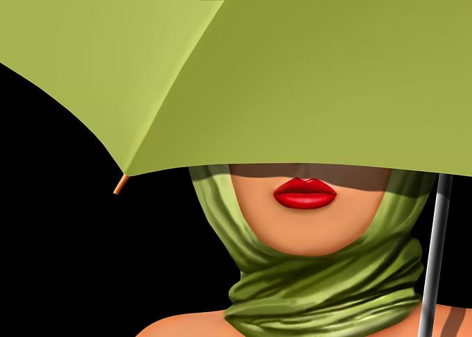 Beautiful woman with red lips with headscarf under a gr ...