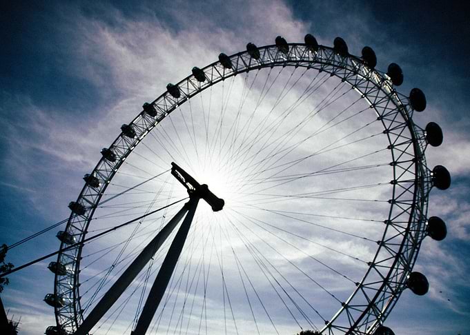 The silhouette of the London Eye on a bright afternoon. ...