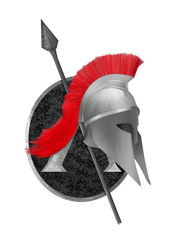 A grey scale illustration of a Spartan warriors helmet, ...