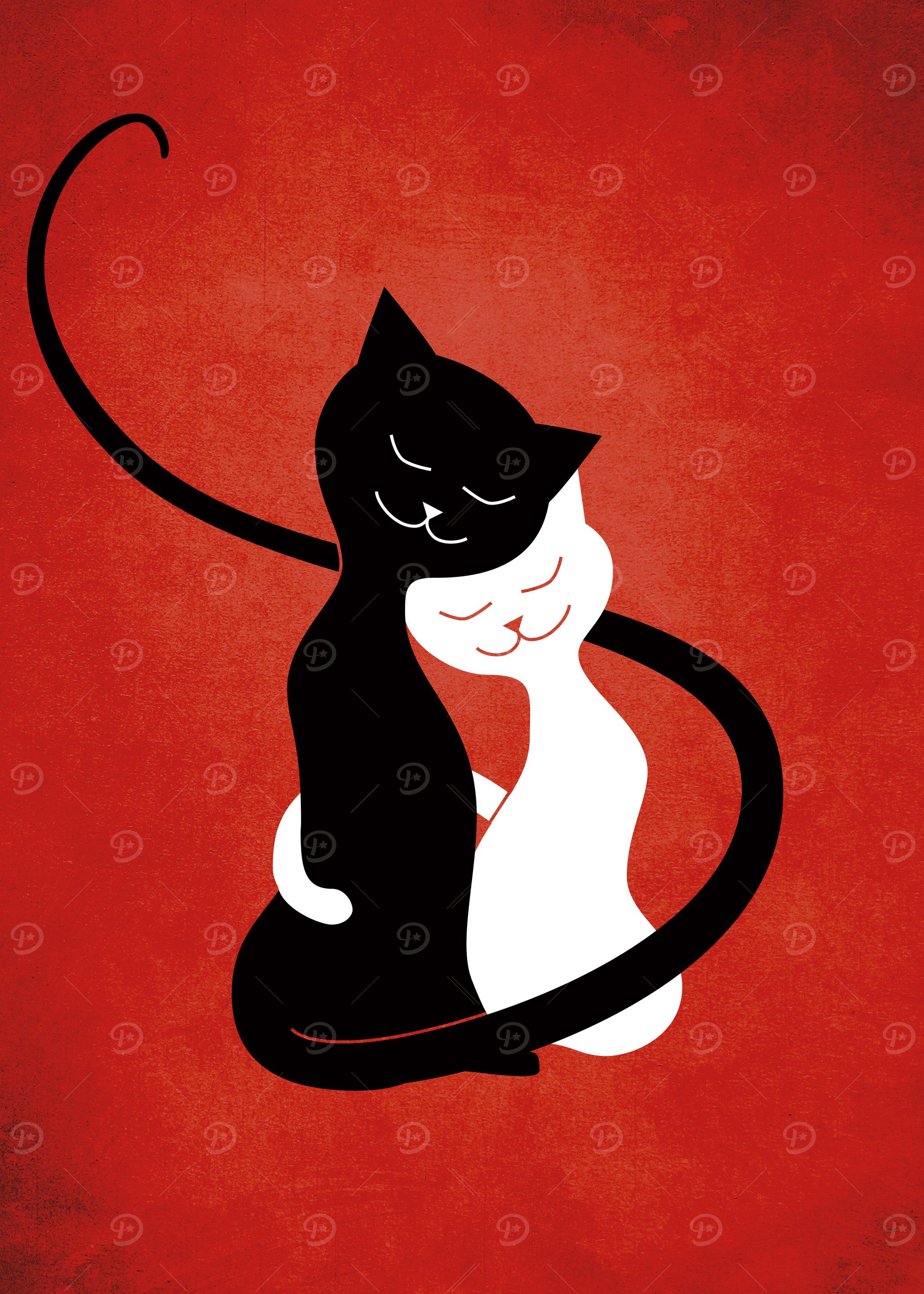 Cute cats illustration of a black and white cat hugging ...