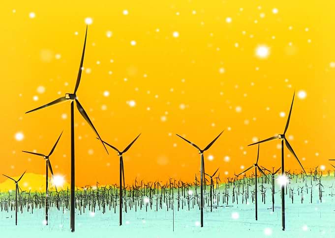 wind turbine at the desert with snow in winter