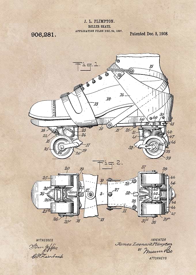 patent art Plimpton Roller Skate 1907