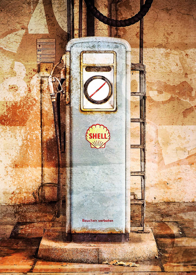 A photo montage of a vintage gas pump which has been me ...