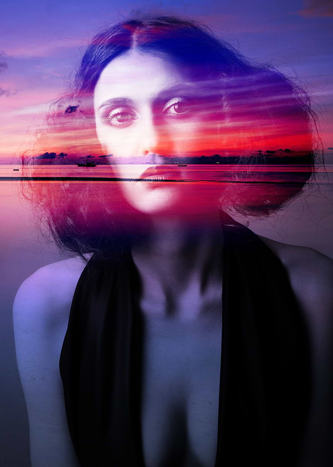Beautiful sunset and a model used to create a dramatic ...