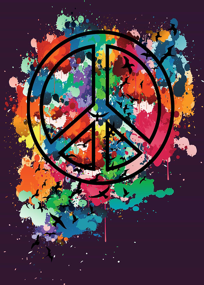 Peace sign with color splashes flying birds