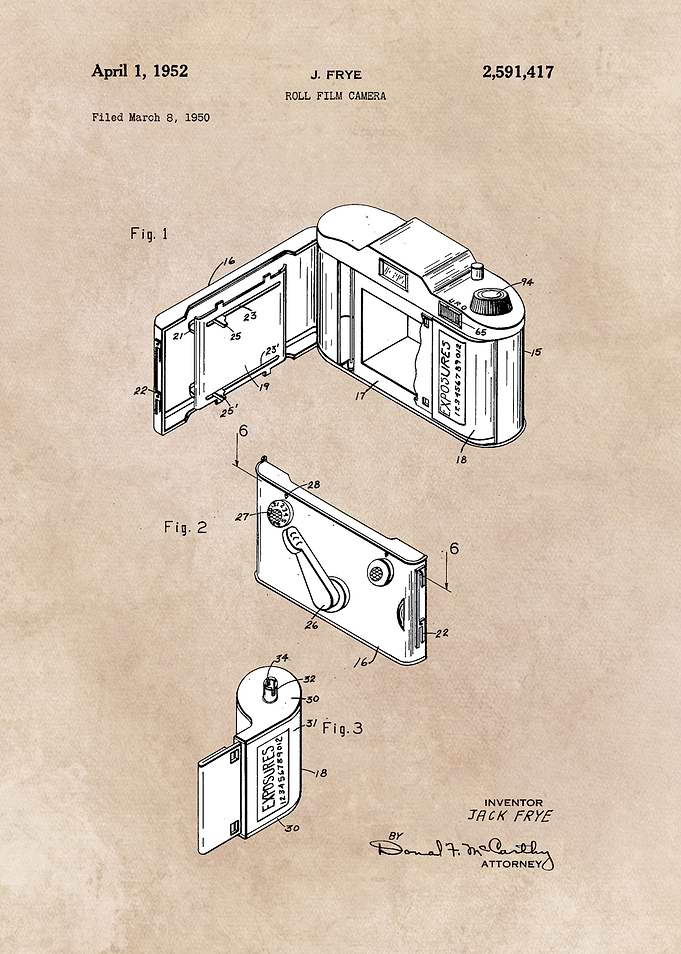 patent art Frye Roll film camera 1950