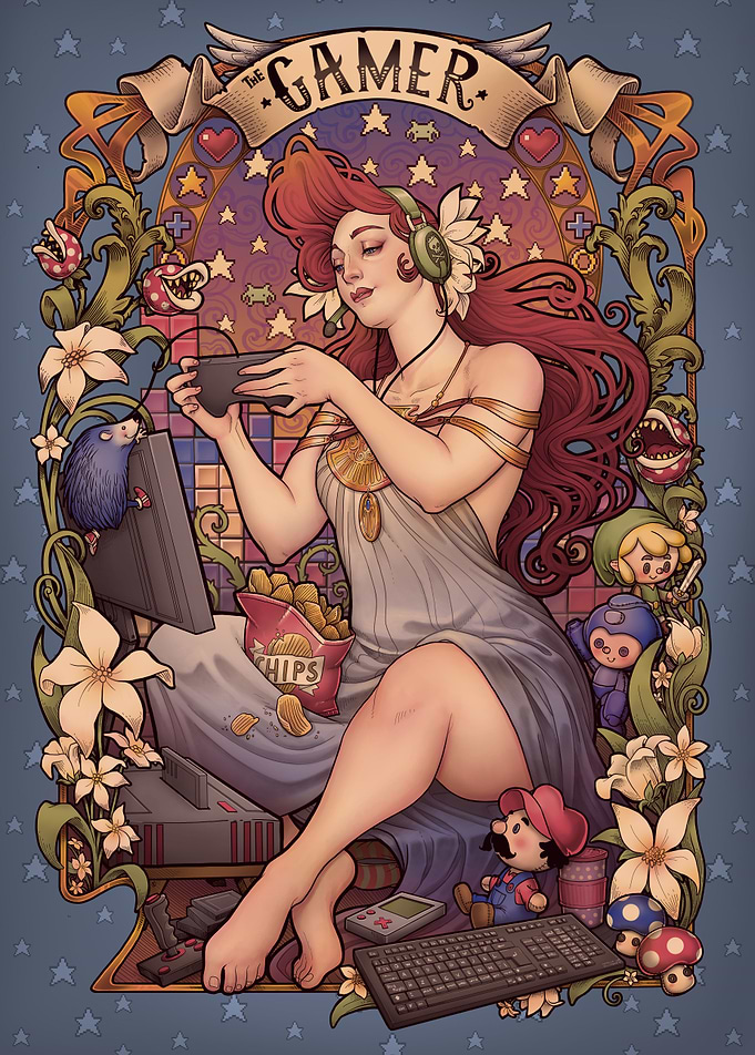Art Nouveau allegory gamer for retro gamers of all shap ...