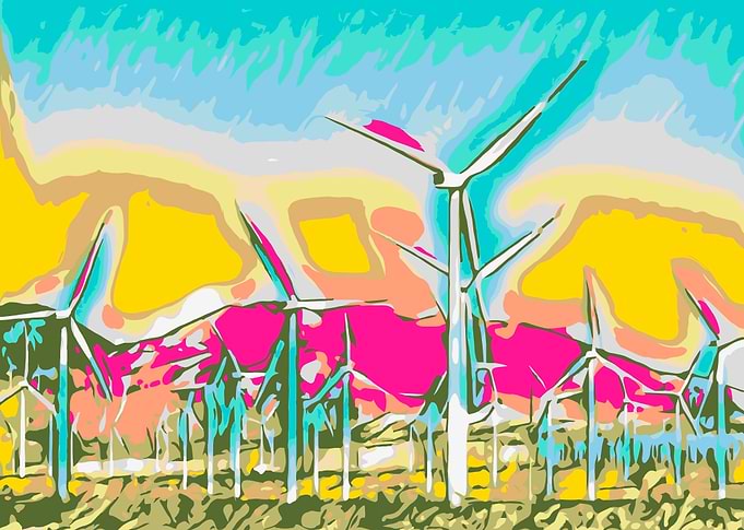 wind turbine in the desert with mountain background