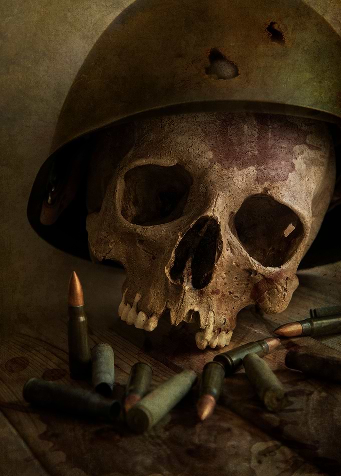We were soldiers - still life with male skull, rusty he ...