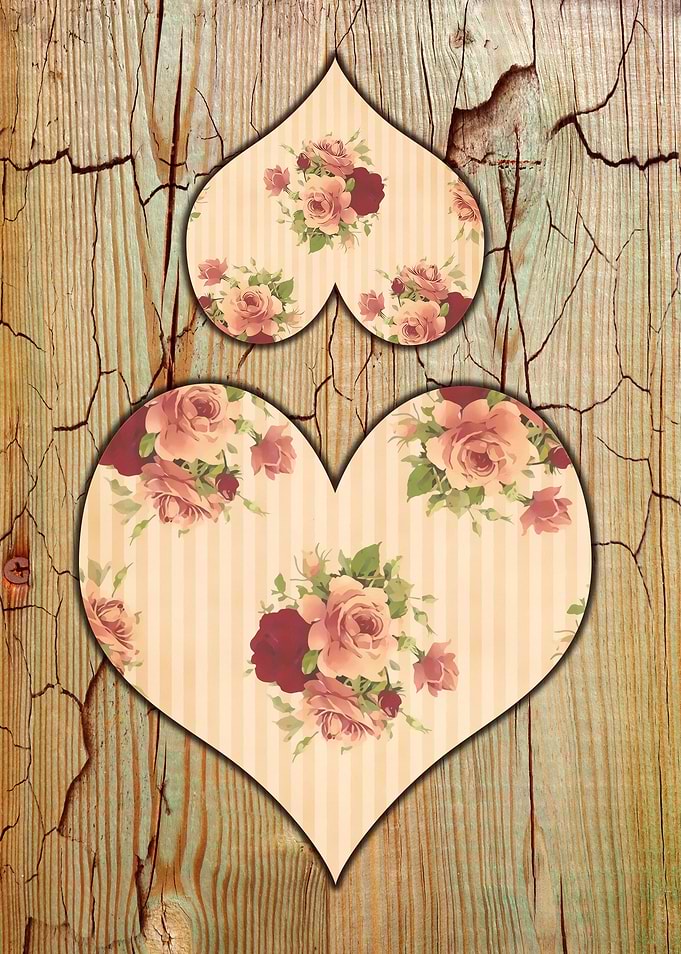 Two hearts with romantic roses motive on rustic wood, i ...
