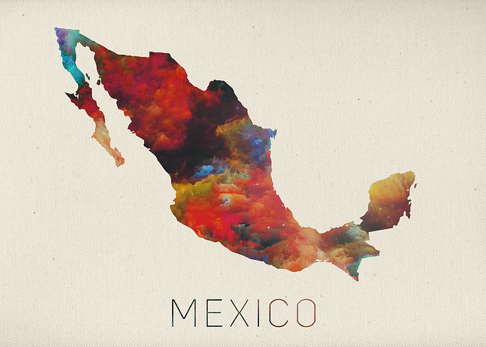 Watercolor Map of Mexico.