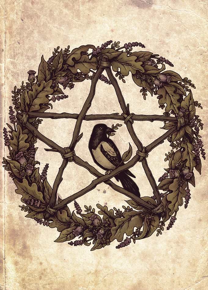 Botanical pentacle wreath with Belladona (nightshade), ...
