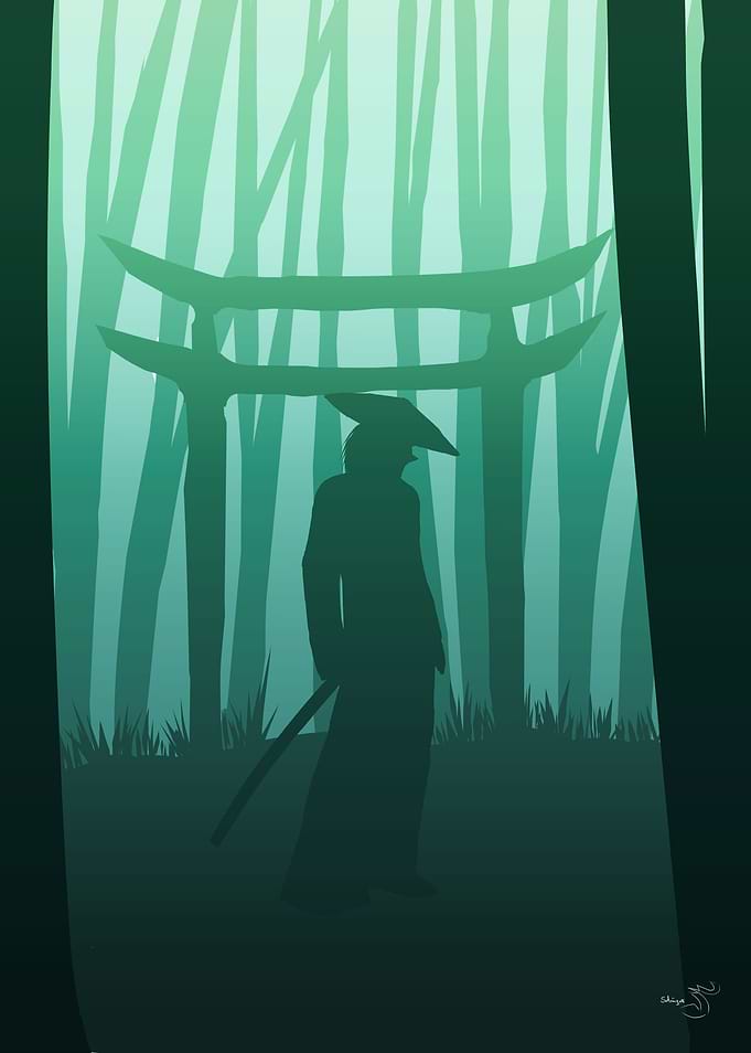 Ronin in bamboo garden.as 2d flat artwork. the complex ...
