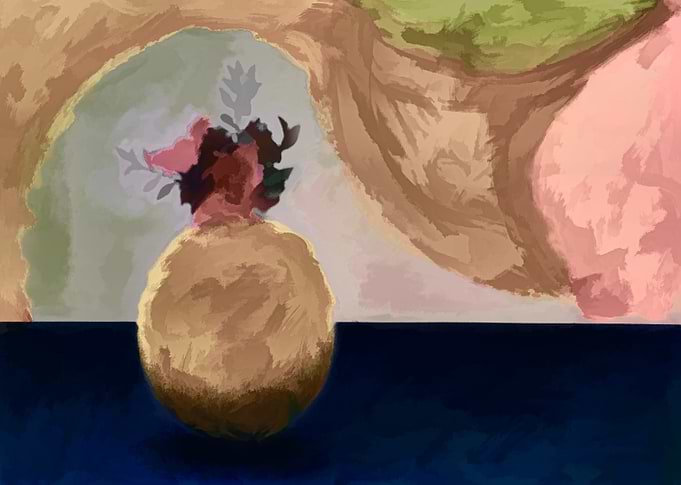 Still life of ostrich egg with flowers
