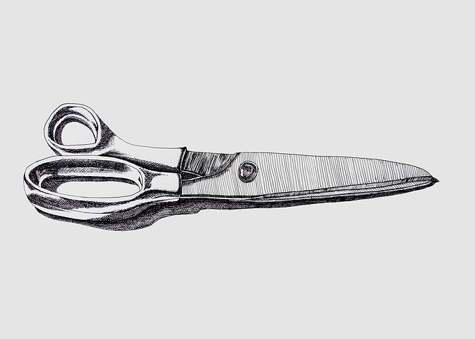 Ink illustration of fabric-cutting scissors.