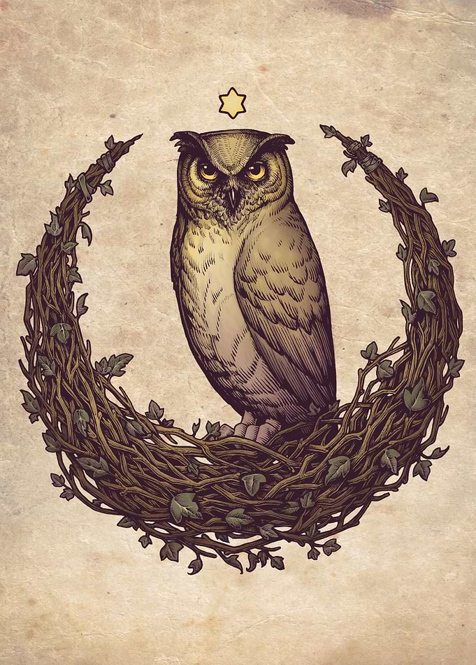 Witch design with Owl and an Hedera Helix (Ivy) moon. F ...