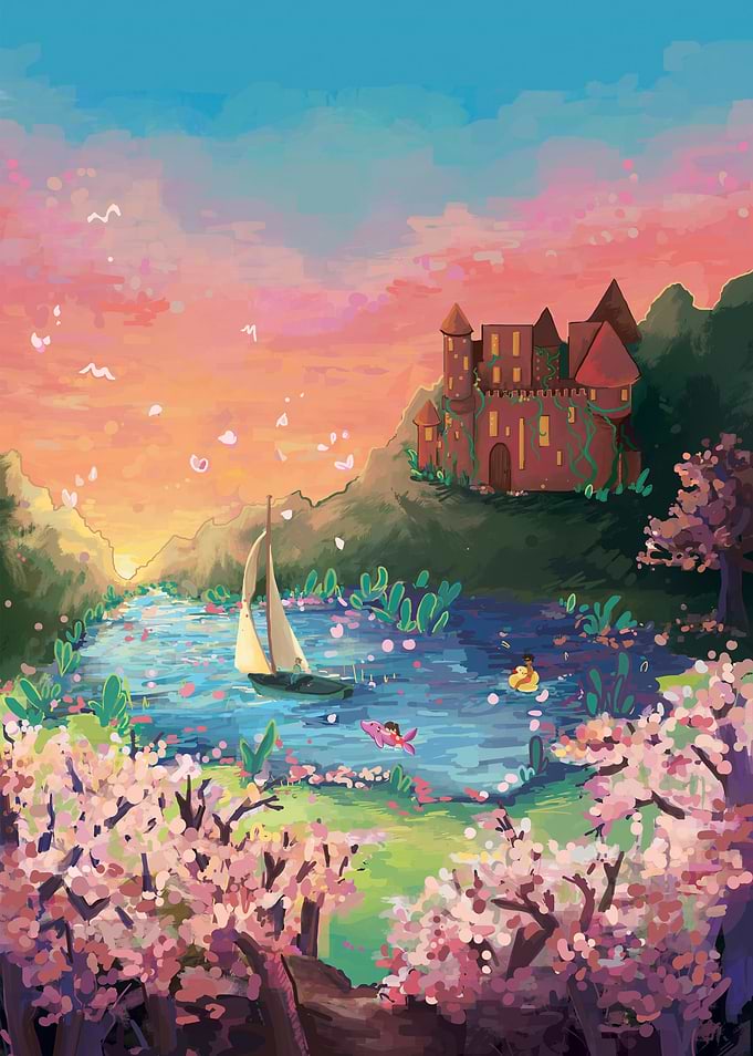 Sail down the river, towards the rainbow sunset.