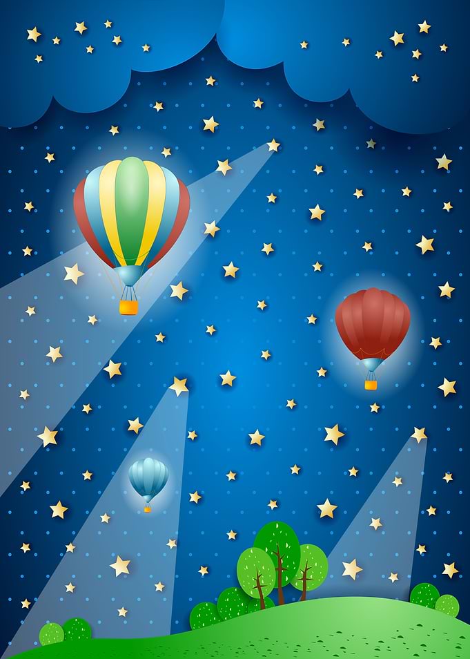 Surreal landscape with hot air balloons