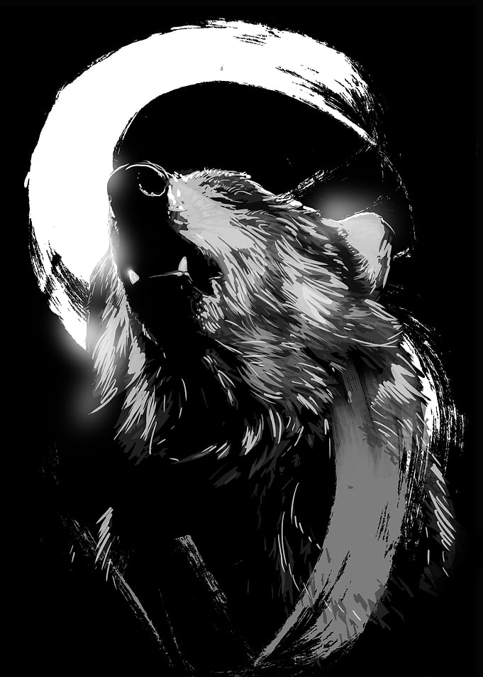 night,wolf,japan,ink drawing,skech