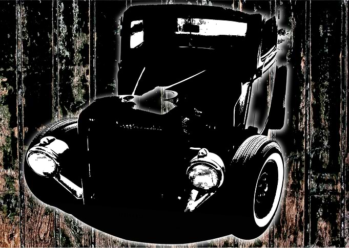 rat rod truck on wood print background.