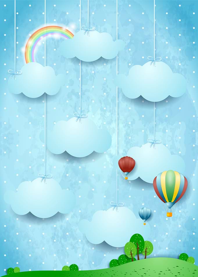 Surreal landscape with hanging clouds and hot air ballo ...