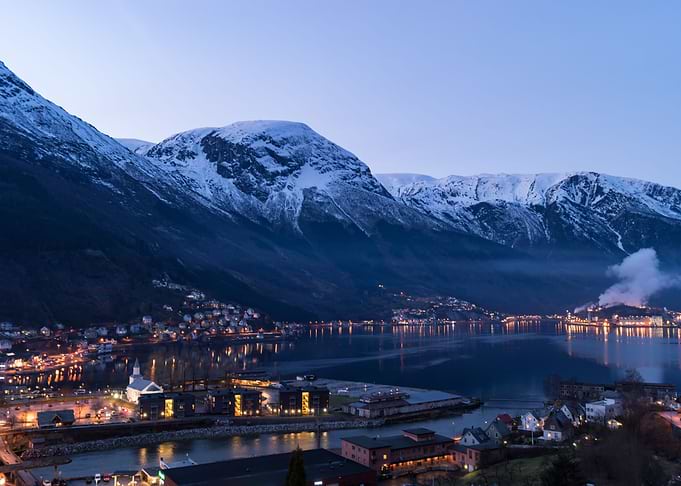 Odda, Norway at dusk in winter.