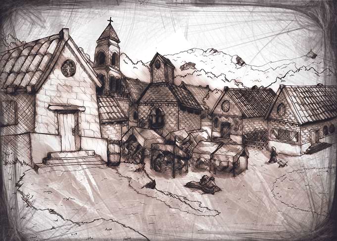Croquis de vieux village imaginé.
