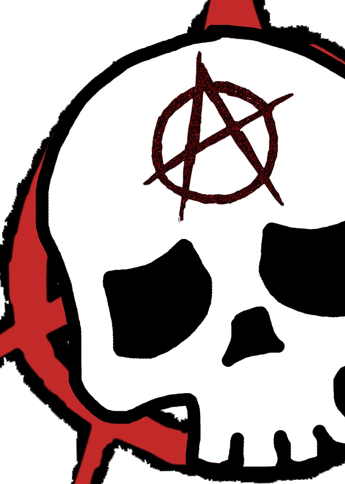 Cartoon drawing of a skull with an anarchy symbol behin ...