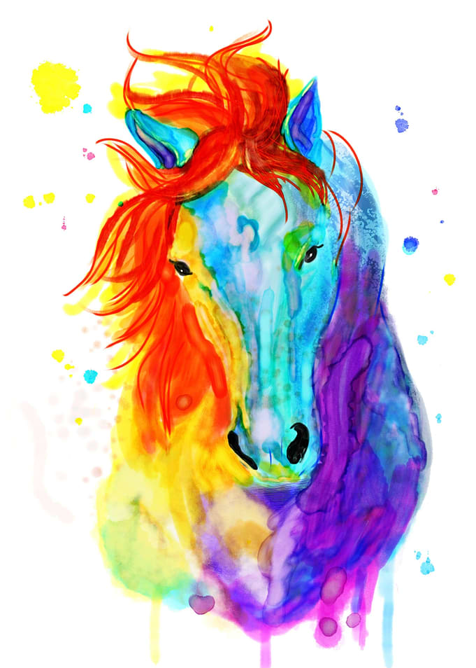 Watercolor horse in red, orange, yellow, blue and purpl ...