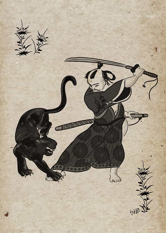 Samurau fighting a panther (on an old paper).