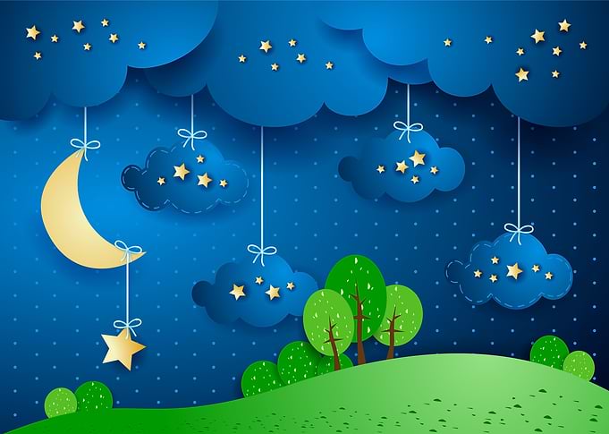 Surreal landscape by night with moon and hanging clouds ...