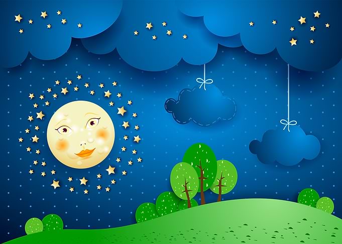 Surreal landscape by night with full moon